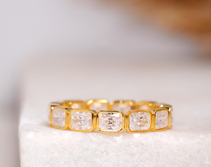 East West Radiant Cut Moissnaite Wedding Band, Full Eternity Matching Anniversary Band, Horizontal Diamond Bezel Set Solid Gold Promise Band