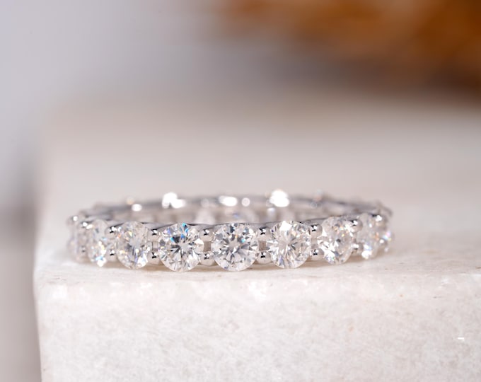 Full Eternity U Prong Set Wedding Band, Round Brilliant Cut Moissanite Band, Matching Band For Engagement Ring, Gift For Girlfriend