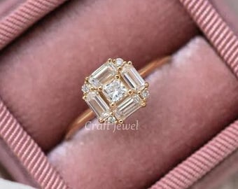 0.50 CT Princess Cut Moissanite Halo Engagement Ring, Art Deco Halo Ring Gold Baguette Cut Ring, Elegant Delicate Wedding Ring Gift For Her