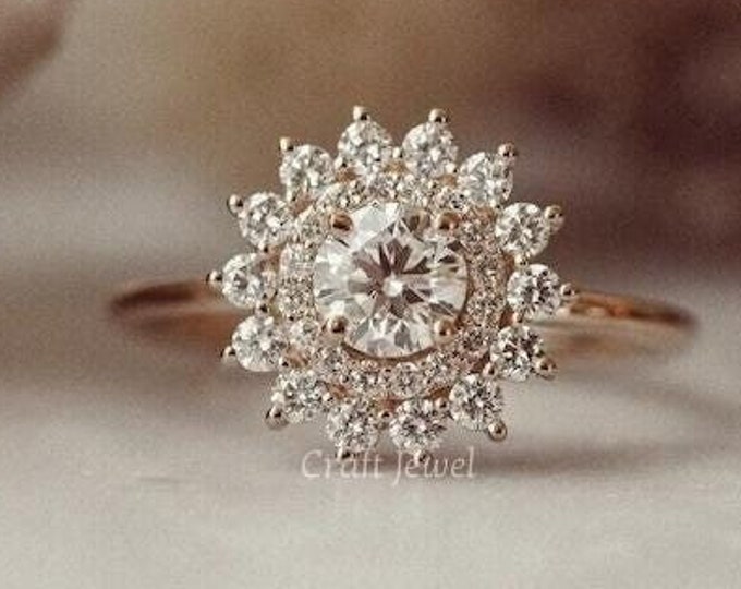 Vintage Style Round Cut Lab Grown Diamond Starburst Engagement Ring, Unique Double Halo Wedding Ring, 14K Gold Anniversary Ring For Her