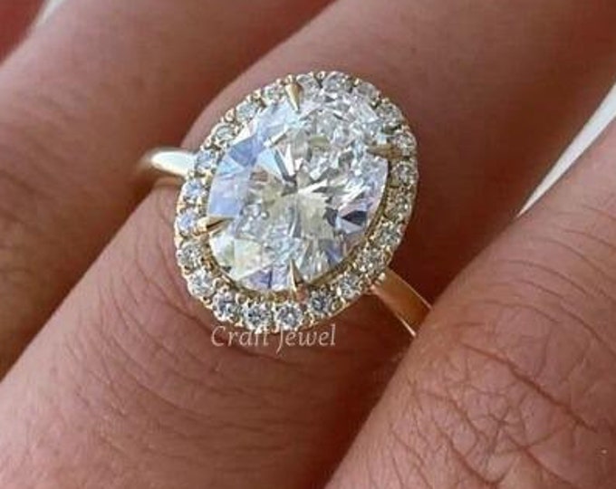 2.50 Carat Oval Moissanite Engagement Ring with Round Halo Ring, Classic Anniversary or Promise Ring for Women