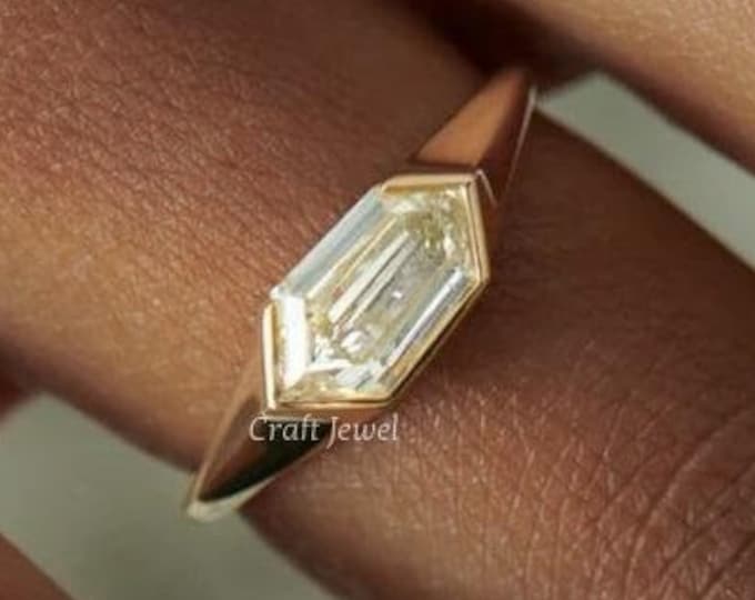 East West Hexagon Moissanite Ring, 1.50 Ct Hexagon Cut Bezel Set Engagement Ring, Solitaire Knife Edge Anniversary Gift Ring, Promise Ring
