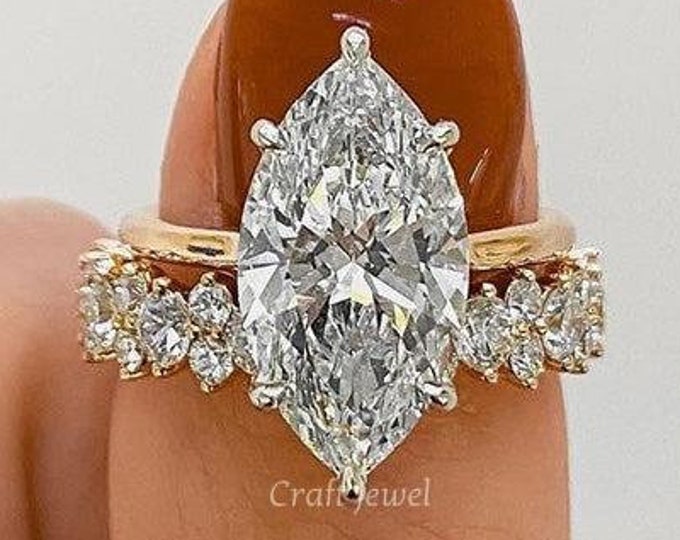 4CT Marquise Cut Diamond Engagement Ring & Matching Round Band Wedding Set, Unique Bridal Ring Set, Perfect Gift For Her