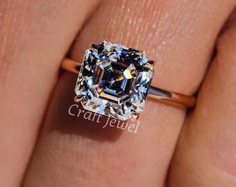 Asscher Colorless Moissanite Solitaire Wedding Ring, Four Claw Prong Set Engagement Ring, Affordable Proposal Ring For Her