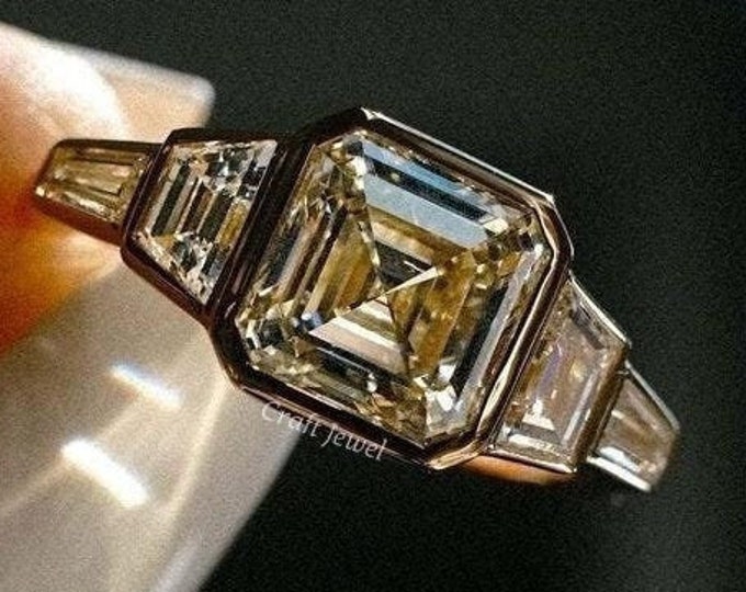1.75 Carat Asscher Cut Moissanite Engagement Ring, Bezel Set Statement Ring, Five Stone Trapezoid Ring, Best Gift For Anniversary.