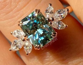 2.50 CT Radiant Cut Blue Green Moissanite Engagement Ring, Double Prong Wedding Ring Side Marquise Cut Cluster Anniversary Gift Ring For Her