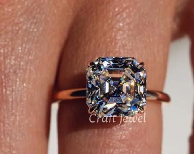 3Ct Asscher Cut Colorless Moissanite/Lab Grown Engagement Ring, Classic Solitaire Wedding Ring, Unique Four Claw Prong Proposal Ring For Her