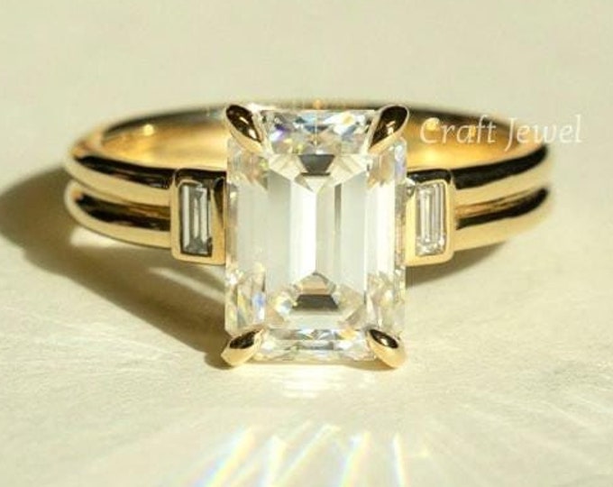 2.50 Carat Emerald Cut Moissanite Engagement Ring, Double Plain Band with Baguette Diamond Accents, Modern Prong Setting Unique gift for Her