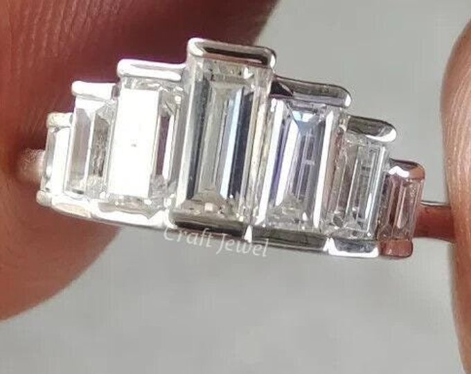 Elegant Baguette Cut Moissanite Ring, 1.5 CT Baguette Cut Bar Set Seven Stone Engagement Ring, 14K Solid Gold Minimalist Wedding Bridal Ring
