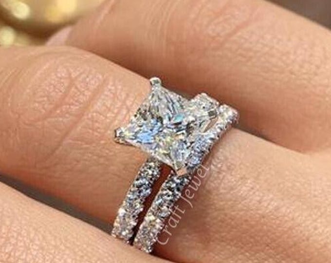 2 CT Princess Cut Moissanite Wedding Ring Set, Solitaire Engagement Ring With Matching Eternity Band, Solid White Gold Bridal Ring Set