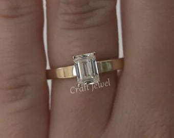 2.50 Carat Emerald Cut Moissanite Engagement Ring, Classic Solitaire Diamond Wedding Ring, 14K Solid Yellow Gold Affordable Anniversary Gift