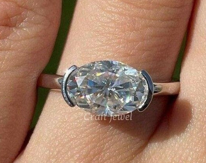 2.30 CT Oval Cut Colorless Moissanite/Lab Grown Engagement Ring Horizontal Half Bezel Set Solitaire Ring East West Wedding Gift Ring For Her