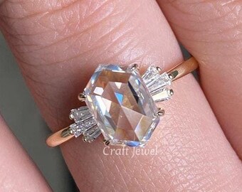 2 Ct Hexagon Rose Cut Moissanite\Lab Grown Engagement Ring Vintage Side Baguette Accent Wedding Ring Dainty Women's Ring Bridal Promise Gift