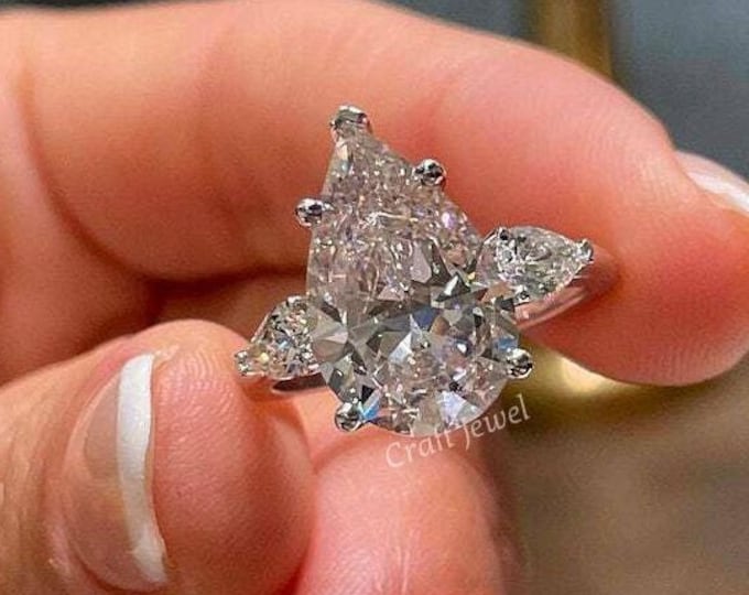 Three Stone Pear Cut Engagement Ring, 2.10 CT Tear Drop Cut Moissanite Wedding Ring, Unique Trinity Diamond Anniversary Gift Ring For Her