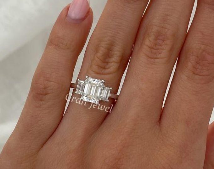 Emerald Cut Colorless Moissanite Engagement Ring, Three Stone Wedding Ring, Trilogy Diamond Anniversary Ring, Four Claw Prong Set Ring