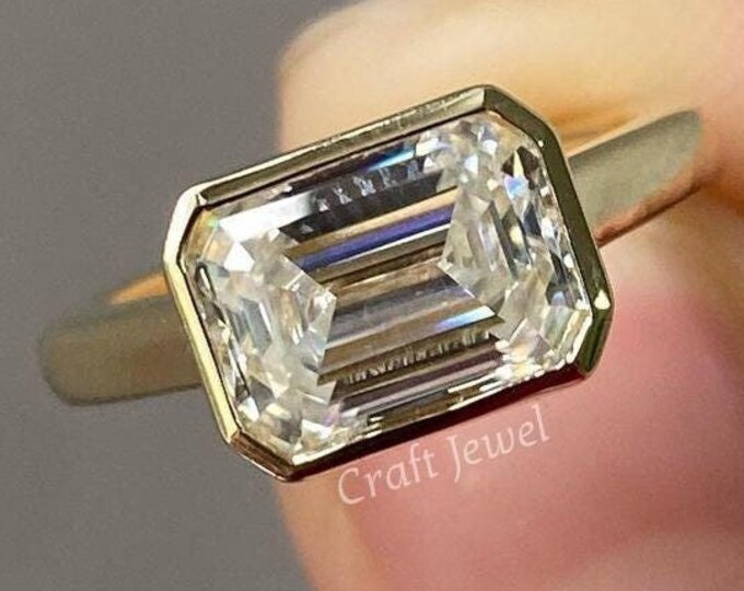 3 CT Emerald Cut Colorless Moissanite Wedding Ring, Solitaire Engagement Ring, Bezel Set Anniversary Ring For Women, East West  Promise Ring