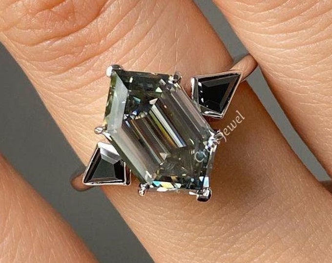 4.50 CT Hexagon Cut Gray Moissanite Engagement Ring, Hexagon Step Cut Ring, Three Stone Ring Side Bezel Setting Kite Shape Wedding Gift Ring