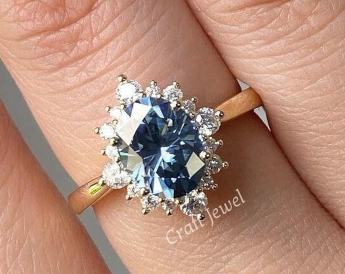 2 CT Oval Cut Blue Moissanite Wedding Ring With Unique Cluster Halo And Decorative Prong Engagement Ring, Anniversary Gift For Her