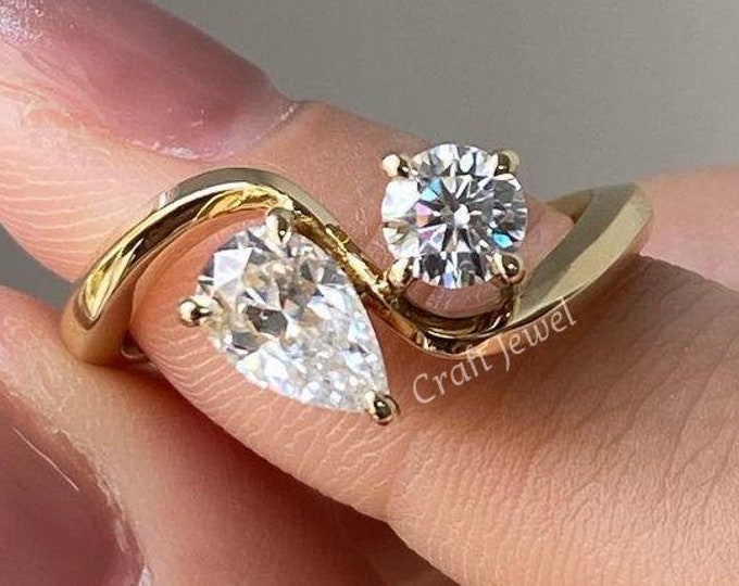 Two Stone Round And Pear Cut Moissanite Engagement Ring, Claw Set Wedding Bridal Ring, knife Edge Anniversary Gift For Her