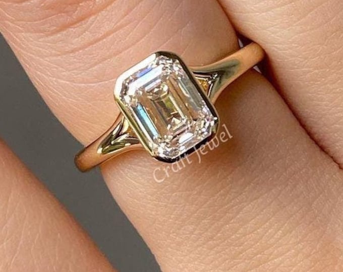 Lab Grown Emerald Cut Engagement Ring, 3 CT Emerald Diamond Wedding Ring, Full Bezel Set Split Shank Ring, Certified Diamond Ring For Her
