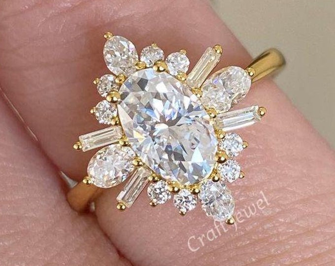 Oval Cut Engagement Ring, Oval 2.30 CT Moissanite Halo Anniversary Ring, Art Deco Wedding Ring, Claw Prong Set Cluster Proposal Ring For Her
