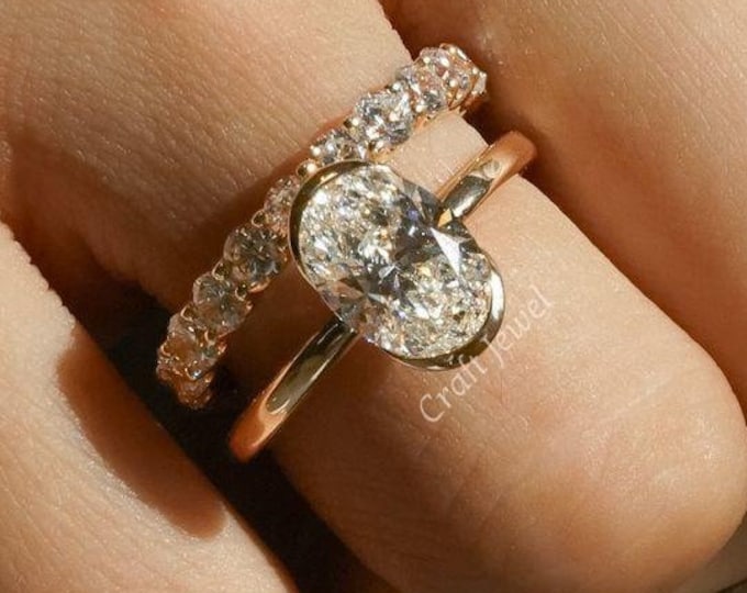 2 CT Half Bezel Oval Moissanite Solitaire Engagement Ring with Round Diamond Stacking Band, Unique Wedding Ring Set, Perfect Gift for her