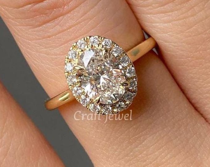 Oval Cut Moissanite Ring, 2.20CT Oval Cut Halo Engagement Ring, Art deco Moissanite Diamond Anniversary Ring Prong Set Wedding Ring For Her