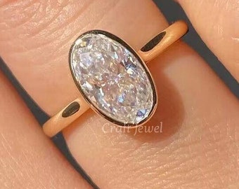 Crushed Ice Oval Bezel Moissanite Engagement Ring, 2.50 Carat Oval Shape Bezel Set Law Profile Solitaire Ring for Engagement Gift