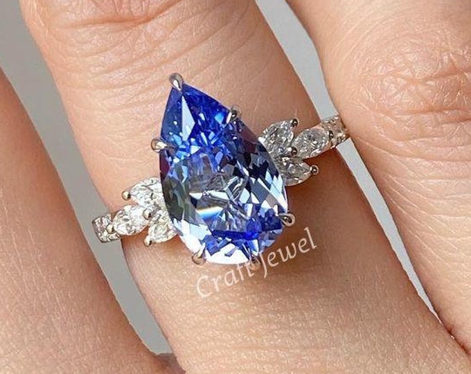Blue Pear Cut 3 CT Moissanite Engagement Ring Hidden Halo Proposal Ring Unique Cluster Wedding Bridal Ring Side Marquise Cut Promise Ring