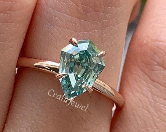 Step Cut Pear Moissanite Solitaire Engagement Ring, Antique 3 CT Cyan Blue Green Moissanite Wedding Ring, Single Stone Promise Ring For Her