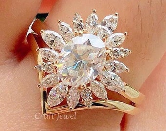 2 Ct Oval Cut Moissanite Wedding Ring Set 14K Gold Starburst Halo Ring Vintage Style Art Deco Bridal Set, Engagement Ring with Matching Band