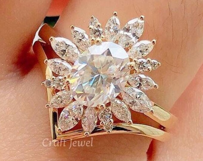 2 Ct Oval Cut Moissanite Wedding Ring Set 14K Gold Starburst Halo Ring Vintage Style Art Deco Bridal Set, Engagement Ring with Matching Band