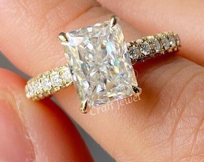 2.50 CT Radiant Cut Moissanite Engagement Ring, Hidden Halo Three Side Pave Wedding Ring Stackable Proposal Ring, Bridal Ring For Bride