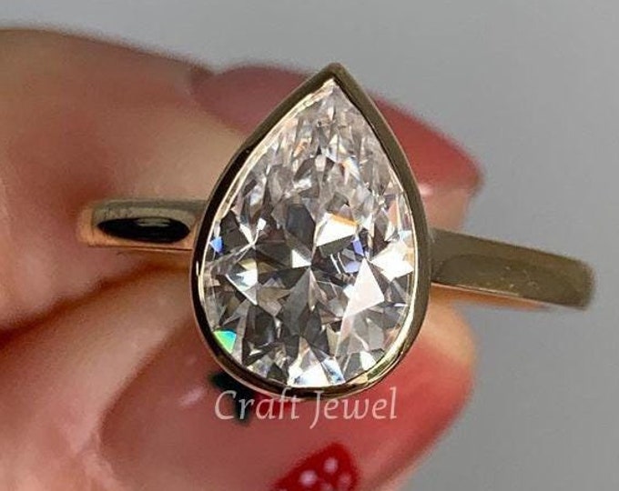 Solitaire Bezel Set Ring, 2 CT Pear Cut Moissanite Engagement Ring, Full Bezel Set Anniversary Ring, Teardrop Solitaire Diamond Wedding Ring