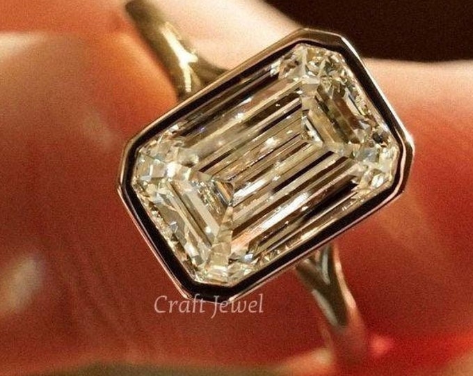 3 CT Emerald Cut Bezel Set Engagement Ring, Full Bezel Set Moissanite Diamond Ring, Solitaire Split Shank Wedding Anniversary Ring For Wife