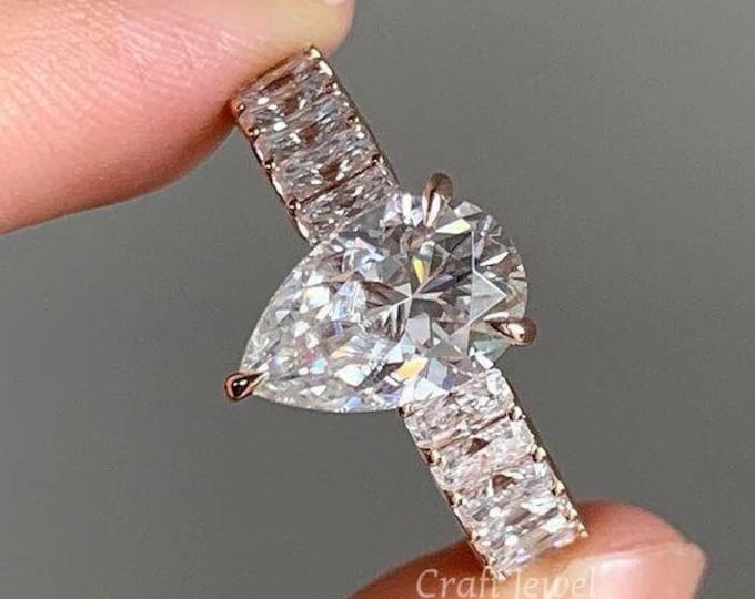 Pear Cut Moissanite Engagement Ring, Full Eternity Wide Band, Pear Anniversary Ring, Celebrity Style One Diamond Solitaire Pear Wedding Ring