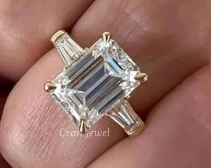 3 CT Emerald Cut Moissanite Wedding Ring Three Stone Engagement Ring Side Tapped Baguette Moissanite Proposal Ring Unique Anniversary Ring
