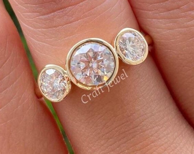 Three Stone Engagement Ring, 1.50 CT Moissanite Round Cut Diamond Ring, Three Stone Wedding Ring, Bezel Set Ring, 14K Solid Yellow Gold Ring