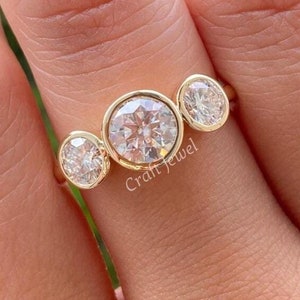 Three Stone Lab Grown Ring, Round Cut 1.50CT Lab Created Diamond Engagement Ring, Bezel Set Anniversary Ring Three CVD Diamond Promise Ring