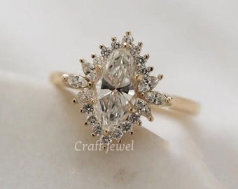 1.5 CT Marquise Cut Moissanite Halo Engagement Ring Side Round and Marquise Halo Style Wedding Ring Floral Cluster Diamond Ring Promise Gift