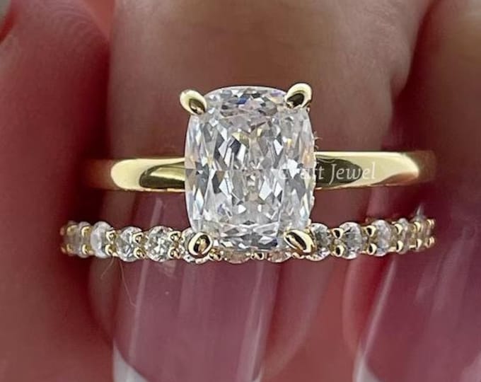 3 CT Elongated Cushion Cut Engagement Ring Set, Hidden Halo Ring With Matching Band Long Cushion Cut Moissanite Ring Set, Wedding Bridal Set