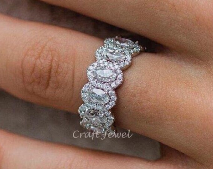 Half Eternity Moissanite Wedding Band in Sterling Silver | Luxurious Oval Cut Cluster Ring for Her, Perfect Gift