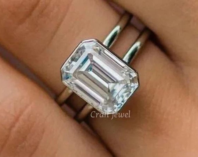 4 CT Bezel Set Emerald Cut Solitaire Engagement Ring, Emerald Cut Bezel Set Double Band Ring, Solitaire Wedding Dual Shank Rings for Women