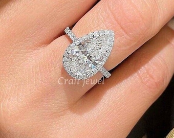 Pear Cut Moissanite Engagement Ring, Classic Solitaire Anniversary Ring, Teardrop Halo Wedding Ring, Customized Bridal Jewelry
