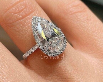 Pear Cut Halo Moissanite Engagement Ring, Teardrop Solitaire Wedding Ring, 14K White Gold Elegant Anniversary Gift For Women