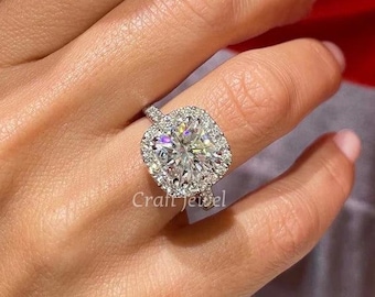 Cushion Cut Moissanite Engagement Ring, Unique Style Halo Wedding Ring, 14K Solid White Gold Promise Ring, Customized Birthday Gift