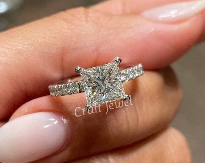 2 CT Princess Cut Colorless Moissanite Engagement Ring, Solitaire With Accents Anniversary Ring, Stackable Wedding Bridal Ring Gift For  Her