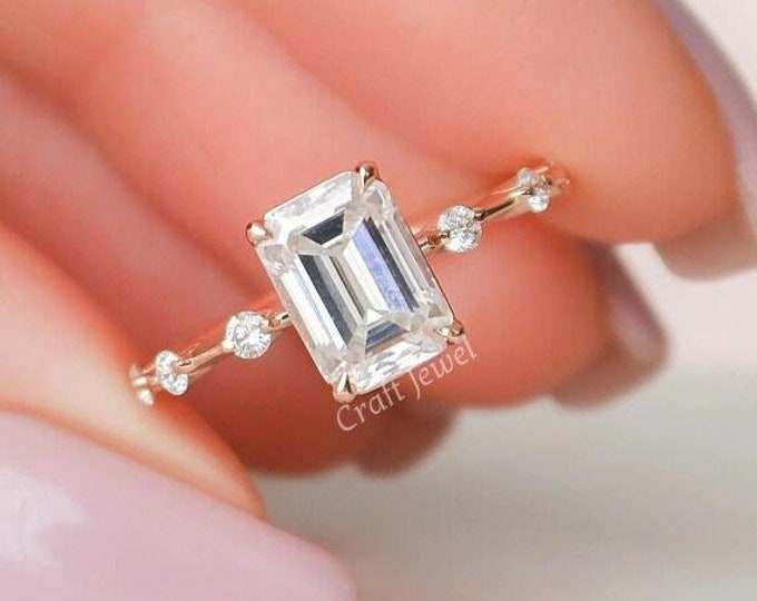 2.00 CT Emerald Cut Engagement Ring Distance Pave Diamond Ring Solid White Gold Emerald Moissanite Ring Solitaire Wedding Ring for women