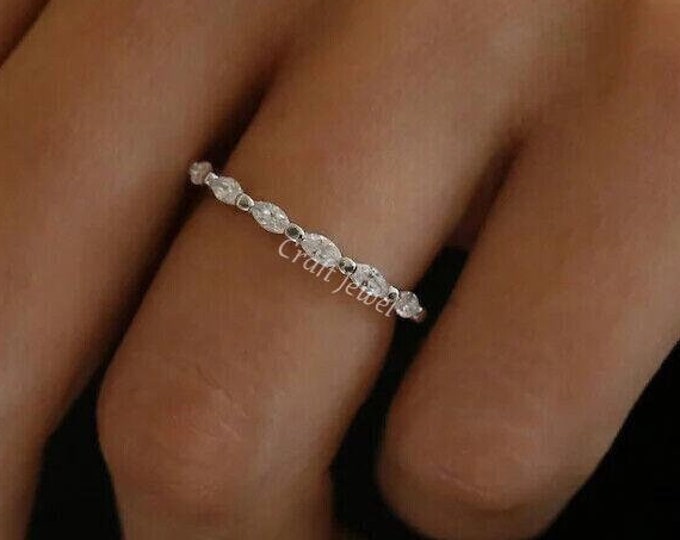 Marquise Cut Moissanite Diamond Wedding Band, Half Eternity Shared Prong Band, Floating Bubble Band, Stackable Matching Band Anniversary Set