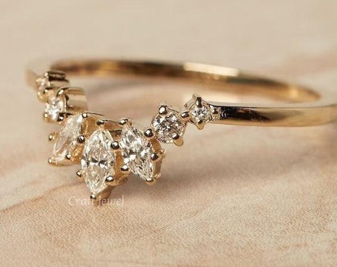 Marquise And Round Cut Moissanite Wedding Band, Stackable Promise Band, The Nesting Anniversary Band, Curved Stackable Proposal Band For Her